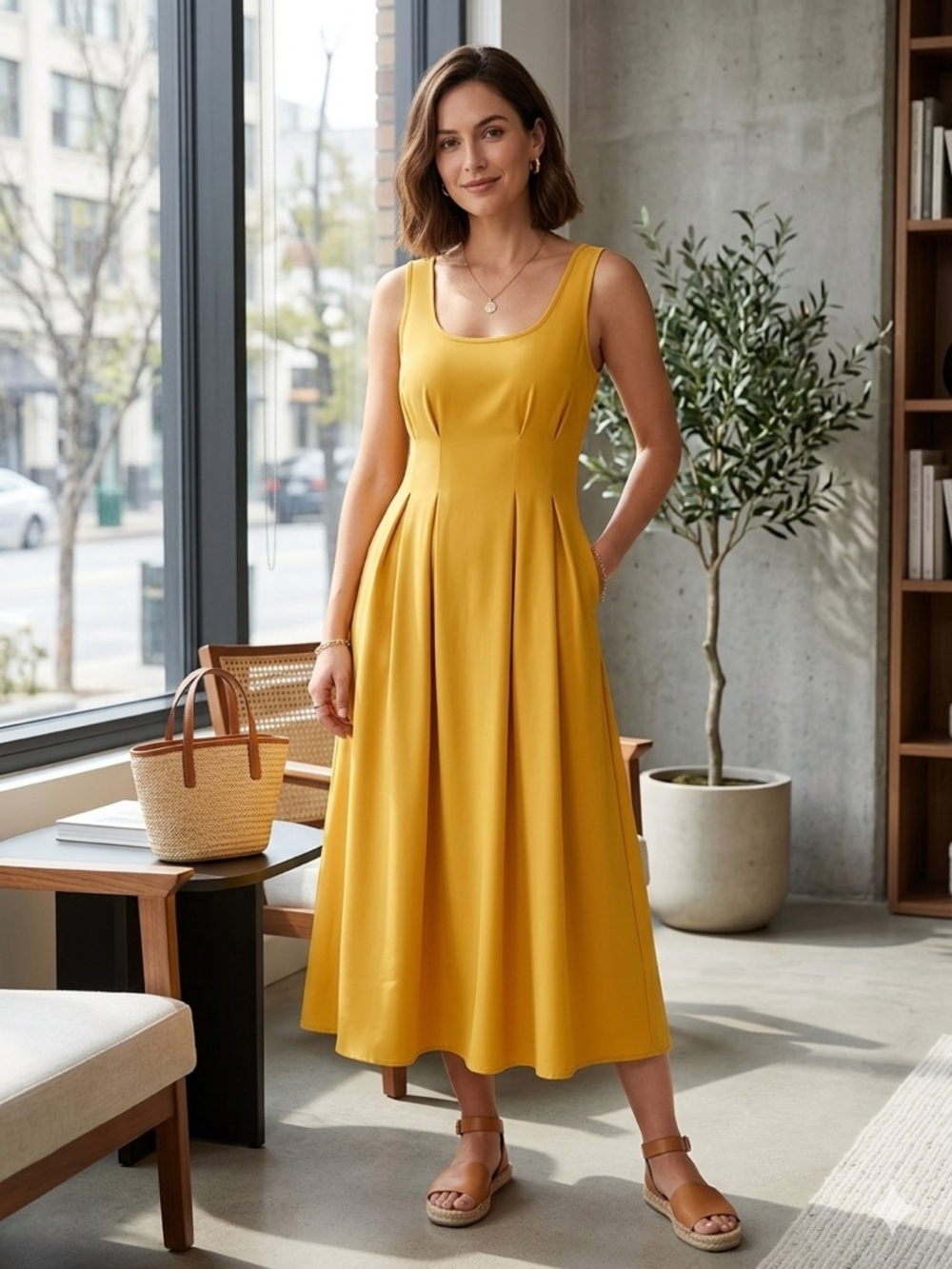 SHEIN Mustard Sleeveless Midi Dress